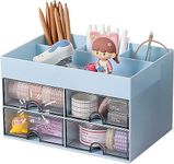 House of Quirk Desk Organiser with Drawer, Multifunctional Desk Organizer, Office Organizer, 4 Plastic Compartments with Drawer, Storage Shelf for Office, School (Blue) Stationery