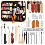 Swpeet 46Pcs Leather Kit, Leather Working Tools and Supplies, Leather Craft Tool Kit with Waxed Thread Groover Awl Stitching Punch, Tracing Wheel, Sewing Needles, Other Leather Crafting Tools