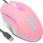 IULONEE Wired Gaming Mouse USB C Silent Click 7 Colors Backlit Optical Type C Game Mice Ergonomic Phone Mouse with 2400 DPI and 6 Buttons 4 Shooting for PC Computer Laptop Desktop Mac (Pink)