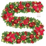 Christmas Garland, KOOFIT 9FT Christmas Garland with Lights Pre-lit Decorated Garland, 2.7M Christmas Door Garland Wreath, Xmas Garland for Stairs, Fireplace, Front Door, Home, Outdoor, Decoration