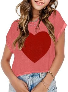 Putysenxi Girls Heart Sweater Tops Valentine School Picture Outfits Cute Cap Sleeve Colorblock Loose Teen Top