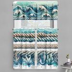 Ambesonne Nautical Valance & Tier Curtain 3 pcs Set, ICY Aquamarine Tones Drawn Ocean Waves Fish Corals and Ropes Print, Window Treatments for Kitchen Room Decor, 55" x 36", Seafoam Beige Soft Blue