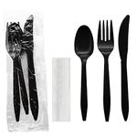 Party Essentials Individually Wrapped Plastic Cutlery Packets/Silverware Kits, Black Fork/Spoon/Knife/Napkin, 50 Sets