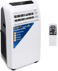 SereneLife Mobile Klimaanlage 9000 BTU mit Heizung – 4-in-1 tragbares Invertierbares Klimagerät, bis zu 41 m², Luftentfeuchter, Ventilator, Fernbedienung, Fenster-Set, Weiß