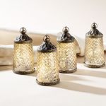 Gold Mercury Glass Lanterns - Set of 4, Warm White LED Lights, 5.5 Inch Height, Antique Bronze Accents, Eid & Ramadan Decorations, Wedding Decor, Battery Operated