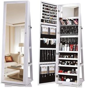 sogesfurniture Espejo Joyero de Pie, Armario de Joyas de Giro de 360°, Longitud Completa del Espejo, Organizador de Joyerías con Cerradura, 3 Estantes de Almacenamiento, Blanco