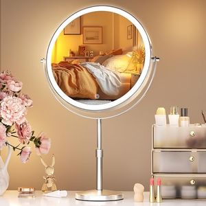 Hasipu 10-inch Lighted Makeup Mirror with Magnification, Rechargeable 3000 mAh Vanity Mirror with Lights, Desk Mirror with Dimmable Brightness, 3 Lighting Modes, Height Adjustment, Nickel