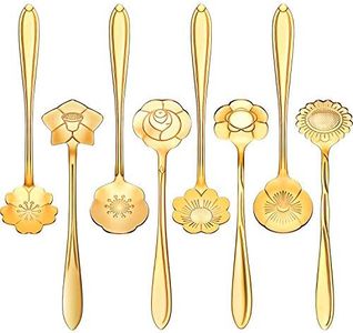 8 Pieces Flower Spoon Coffee Teaspoon Set Stainless Steel Tableware Creative Sugar Spoon Tea Spoon Stir Bar Spoon Stirring Spoon, 8 Different Patterns (Gold)