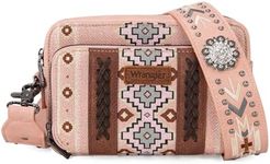 Wrangler Crossbody Bag for Women Boho Aztec Small Multi Pocket Crossover Purse, Angel Diamond Pink