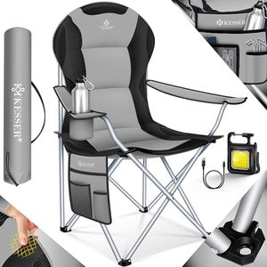 KESSER® Chaise de Camping Pliable jusqu'à 150 kg - Chaise de pêche Pliante rembourrée avec accoudoirs et Porte-gobelet + Sac à Dossier Haut, Chaise de Plage, Tabouret Pliant