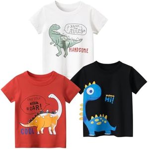 VZF Toddler Boy Shirts Boys Cotton Short Sleeve T-Shirt, 3 Packs Printed Kids Crewneck Tees, Summer Pullover Tops,DinoRed+Black+White 18-24M