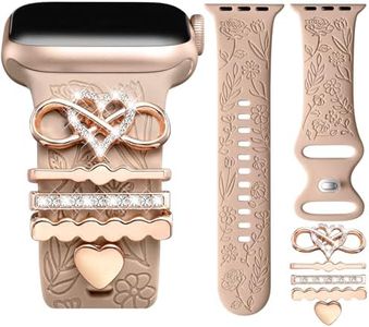 DaQin Flower Engraved Band Compatible with Apple Watch Bands for Women 40mm 38mm 41mm 42mm, Soft Silicone Band With Decorative Apple Watch Charms for iWatch Series 10 9 8 7 6 5 4 3 2 1 SE (With Band)