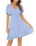 Zattcas Womens 2024 Summer Smocked Dress Short Flutter Sleeve V Neck Swiss Dot Babydoll Ruffle Tiered Mini Dress, Solid Sky Blue, M