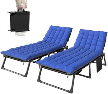 Outsunny Lounge Chair Outdoor Set of 2, 29.5" Wide Folding Chaise Lounge Tanning Chair, 5-Position Beach Patio Lounger Camping Cot Bed with Cushion, Side Pocket, Dark Grey/Blue