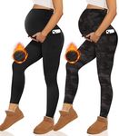 Happy.angel 2 Pack Maternity Fleece Lined Leggings Over The Belly, Womens Black Workout Yoga Pregnancy Pants with Pockets Black/Print M