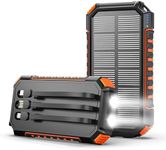 Hiluckey Power Bank Solar Charger - 27000mAh with Built-in 3 Cables Five Outputs 15W Fast Charging External Battery Pack for All Mobile Devices Solar Portable Charger with Dual Flashlights