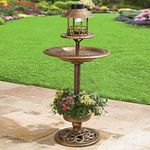 raxter Bird Bath Feeding Station with Planter & Solar-Powered Light Ornament for Outdoor Garden Weatherproof Bronze Bird Feeder Hotel with Antique Brass Effected large Bird Bathing Bowl Freestanding