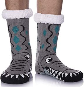 LINEMIN Mens Warm Slipper Socks Soft Cozy Fuzzy Fleece-lined Winter Non Slip Indoor Christmas Socks, Crocodile Gray, One Size