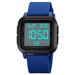 Men's Digital Sports Watch, Multifunction Big NumbersDial Large Face Dual Time Waterproof Outdoor Silicone Watch for Men/Boy/Student, Blue-White, Sport Watch