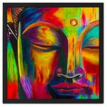 Ritwika's Lord Buddha Meditation Face Abstract Wall Art Religious Painting With Frame For Home and Office Decor, Size 13.5 x 13.5 IN, Set of 1 (Multi Colour)