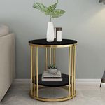 RIBAVARY™ Metal Round Coffee Table with Extra Shelf for Living Room & Bedroom, Side Table for Small Spaces, Wooden Top & Metal Frame End Table, Modern Elegent Design (Black & Golden)