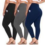 FULLSOFT 3 Pack Plus Size Leggings with Pockets for Women-High Waisted Tummy Control 1X-4X Soft Yoga Pants for Workout, 3-black,dark Gray,navy Blue, XX-Large Plus