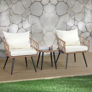 Levede 3PCS Outdoor Furniture Setting Patio Garden Table Chair Set Wicker Lounge, Balcony PE Rattan Conversation Sets with Back Seat Cushion Tempered Glass for Backyard, Poolside