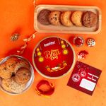 Cookieman Bhai Dooj Gift Hamper with Assorted Cookies | Gift Combo with Roli, Tika, Chawal, Moli Thread, Bhai Dooj Greeting Card | Bhai Dooj Tikka Gift Set for brother