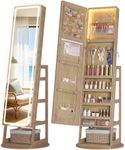 LVSOMT Standing Jewelry Cabinet Mirror with Adjustable LED Light Wood