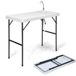 COSTWAY Folding Camping Sink Table, Fish Cleaning Cutting Station with 360°Rotatable Faucet, Groove and Drainage Hole, Portable Fishing Picnic Tables