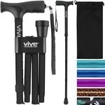 Vive Folding Cane - Foldable Walking Cane for Men, Women - Fold-up, Collapsible, Lightweight, Adjustable, Portable Hand Walking Stick - Balancing Mobility Aid - Sleek, Comfortable T Handles (Black)