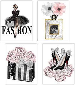 Lodintech Fashion Women Canvas Wall Art, Girls Bedroom Wall Decor, Pink Flowers Modern Art Posters, Perfume Handbags High Heels Prints Unframed Wall Pictures Paintings, Pink Women Room Decor, 8x12''