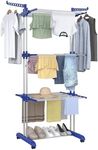 Bigzzia Clothes Drying Rack, Folding Stainless Steel Drying Rack Clothing Indoor Outdoor, Space-Saving, 4 Tier Laundry Drying Rack with Two Side Wings Grey Blue