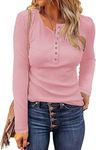 WNEEDU Women's Waffle Knit Tops Button Down V Neck Tunic Long Sleeve Henley Shirts 2024 New Casual Blouses Pink M