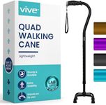 Vive Quad Cane - Walking Stick for Men and Women - Lightweight Adjustable Staff - Comfortable Right and Left Hand Grip for Stability Support - Four Prong Sturdy Aluminum Travel Aid - 4 Tip Black