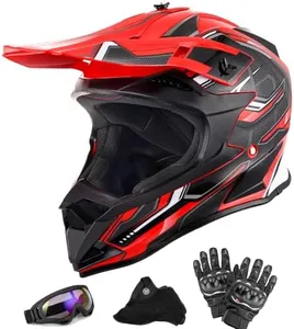 OUMURS Adult Dirt Bike Helmet ATV Helmet with Goggles Gloves & Mask Adjustable Sun Visor DOT/FMVSS-218 Motorcycle Adult ATV Helmet Off-Road Motocross Downhill Moped MX for Unisex-Adult-Red Black, L