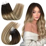 Ugeat Ombre Micro Loop Human Hair Extensions Dark Brown Mix Medium Brown with Light Blonde Balayage Straight Hair Extensions Micro Bead Human Hair Extensions 16 Inch 50G 50S