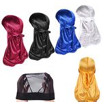 5 PCS Silky Durag Caps Silky Long Tail Headwraps Doo Rags Wide Strap Satin Durag for Men Waves with 1 PCS Elastic Wave Cap