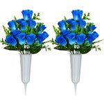 Cemetery Flowers, Set of 2 Artificial Rose Bouquet Grave Memorial Flowers with Vase for Cemetery Headstones Decoration (Blue)