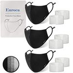 Euroca 4 Layer Face Masks Reusable Washable Made from Cotton Fabric with Nose Wire Adjustable Ear Loop for Mens Womens Teens -3 Packs with 6 Filters Included (Black Large 3PK)