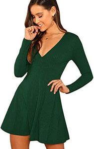 Verdusa Women's Elegant Deep V Neck Long Sleeve Ribbed Short Skater Dress Green XL