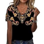 KCatsy Women Retro Western Paisley Leaf Ethnic Slit Short Sleeve Print Button Embellished V-Neck Loose Summer Top Tee Blouse T-Shirt Shirt F Black XL 14