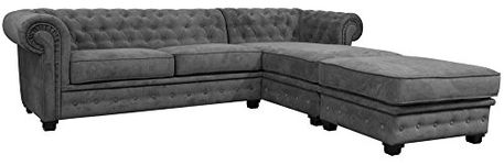 Chesterfield Style Corner Sofa Set 3+2 Seater Armchair Grey Fabric (Right Hand Corner With Footstool)