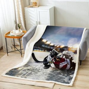 Ice Hockey Fleece Throw Blanket Kids Hockey Player Sherpa Blanket for Bed Sofa Couch Teens Ultra Soft Sports Theme Plush Ultra Soft Winter Sports Hobby Warm Fuzzy Twin 60"x80"
