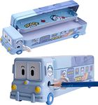 FAMOUS QUALITY® 2 in 1 - Cartoon Printed School Bus Metal Pencil Box with Moving Tyres and Sharpener for Kids - Blue,Metal