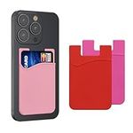 kwmobile Stick-On Card Holder for Phone (Set of 3) - Silicone Wallet Card Holders - Sticks on to Cell Phone Back or Case - Pink/Dark Pink/Red