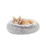 Bedfolks Calming Donut Dog Bed, 30 Inches Round Fluffy Dog Beds for Medium Dogs, Anti-Anxiety Plush Dog Bed, Machine Washable Pet Bed (Dark Grey, Medium)