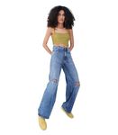 i'sol Women's Nora Stylish Ripped Flared Jeans for Women and Girls||Casual Comfortable Stretchable High Waist||Fashionable Loose Fit Straight Denim Jeans||Wide Leg Baggy Ladies Pants Mid Indigo Blue26