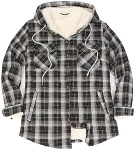 ZENTHACE Women Brushed Hooded Flannel Shirt Jacket Button Up Sherpa Lined Plaid Shacket Casual Sweatshirt Coat Black Khaki XL