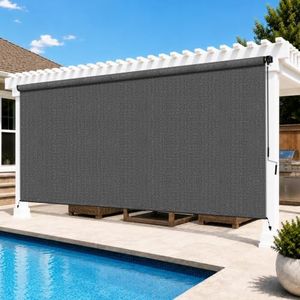 Breezombra 12'W x 8'H Gray Outdoor Roller Shade with Crank Wand Patio Shades Roll up, UV Blocking & Privacy Protection